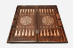 Wooden backgammon set interior with carved points
