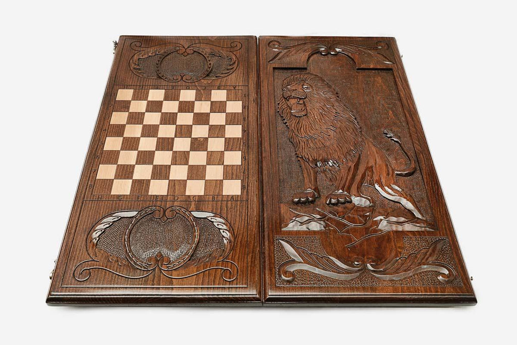 Carved reverse face of the standing lion backgammon set