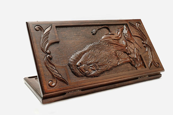 Wooden backgammon set hand carved with a standing lion