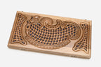 The board opened to show the walnut backgammon interior with playing points