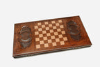 Peacock backgammon set folded, fanned tail showing