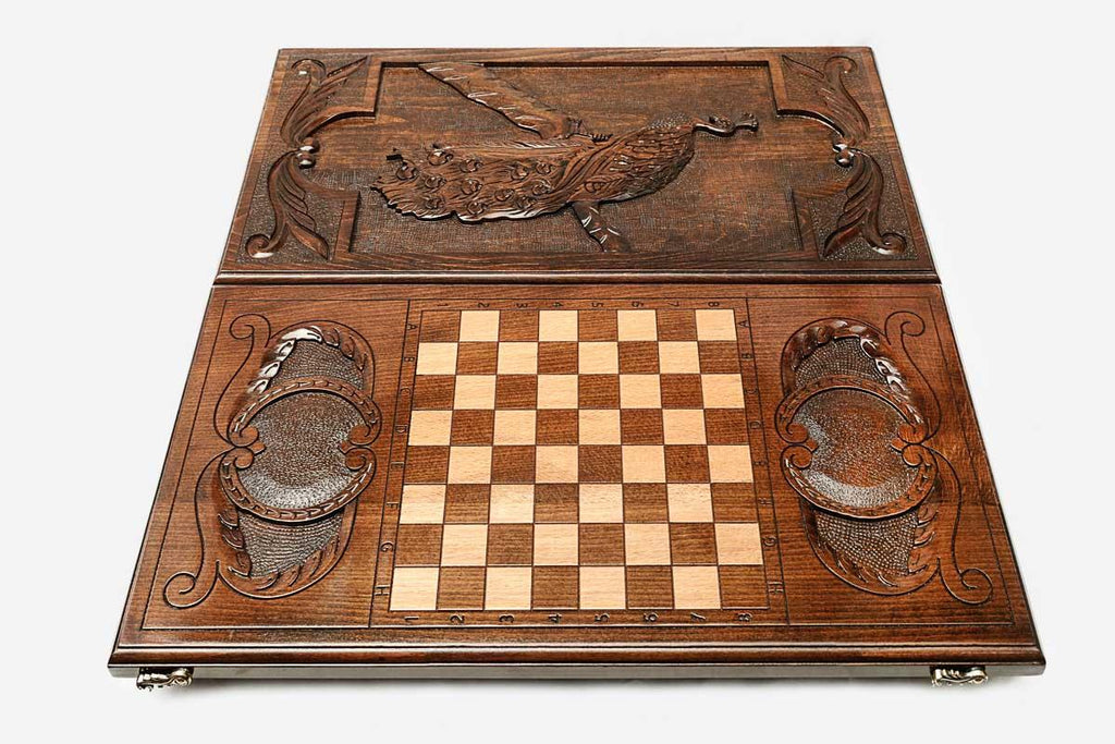 Wooden backgammon set interior with carved points