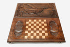 Wooden backgammon set interior with carved points