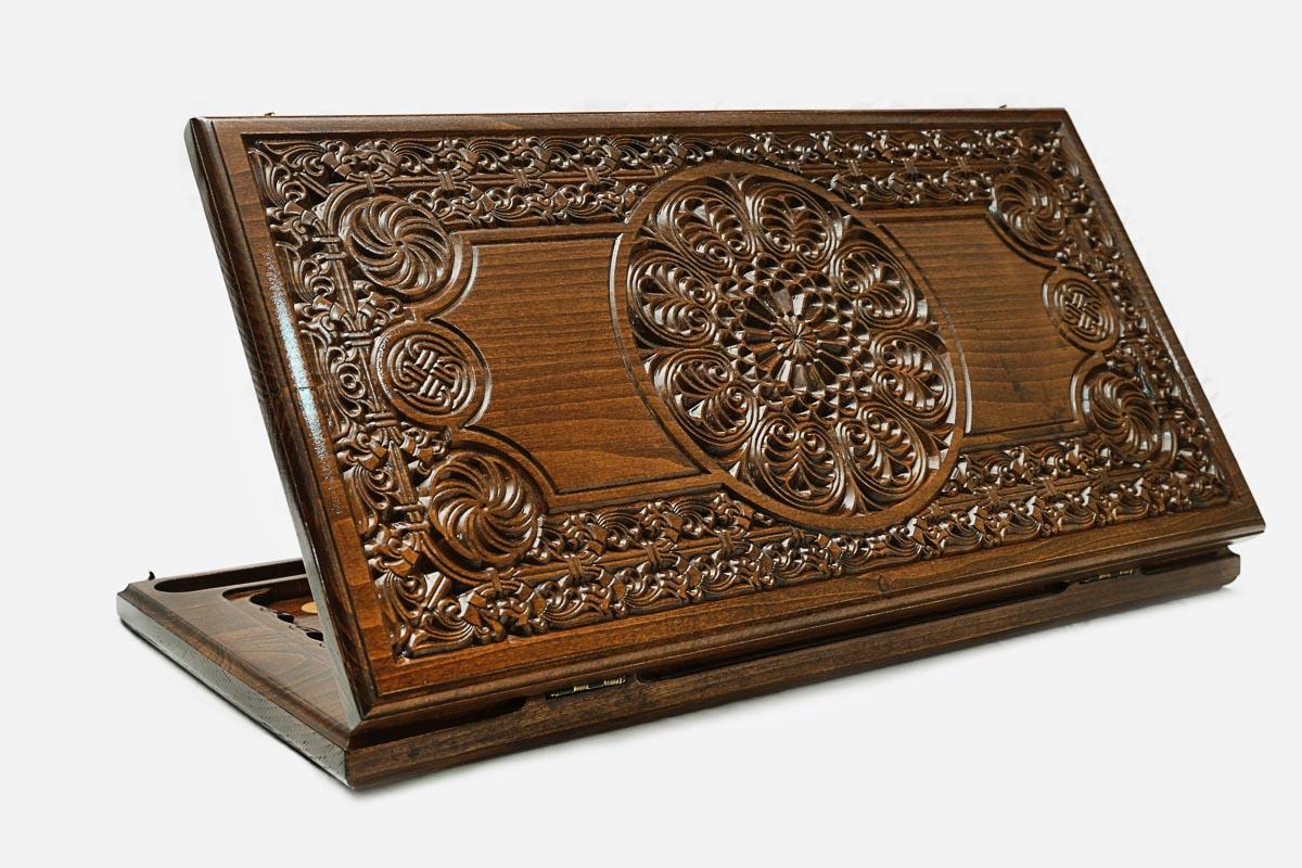 Armenian backgammon set carved with star and cross ornaments