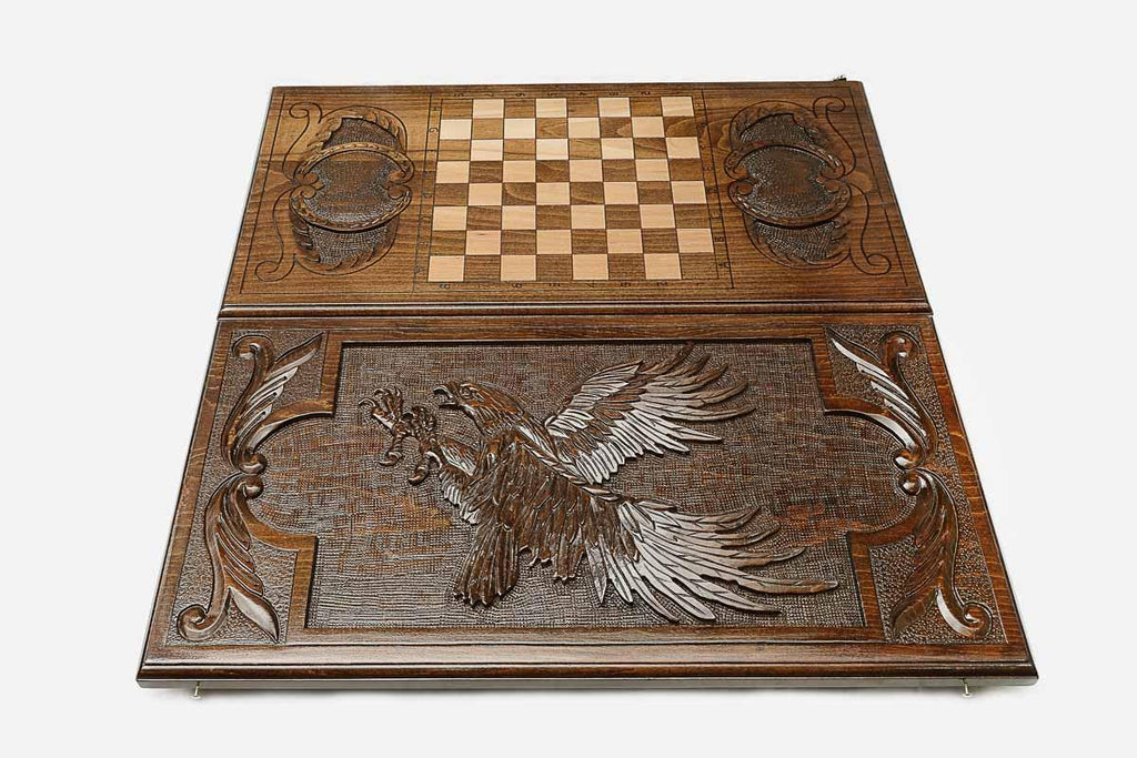 Wooden backgammon set interior with carved points
