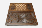 Wooden backgammon set interior with carved points
