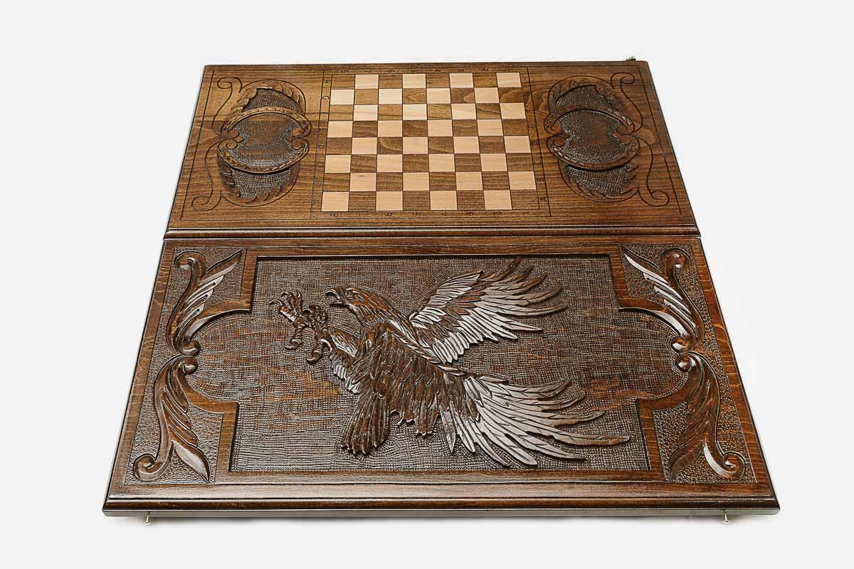 Wooden backgammon set interior with carved points