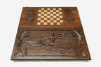 Wooden backgammon set interior with carved points