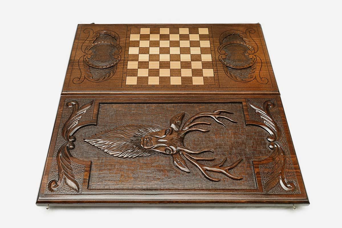 Wooden backgammon set interior with carved points