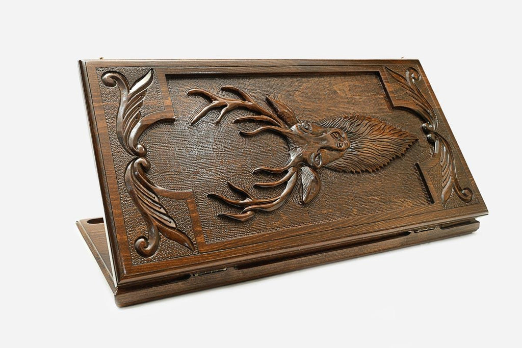 Wooden backgammon set hand carved with a grand stag