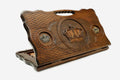 Carved beechwood backgammon board with a crown and bronze details, propped open