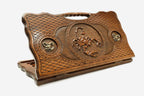 Carved beechwood backgammon board with a scorpion and bronze details, propped open