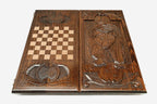Wooden backgammon set interior with carved points