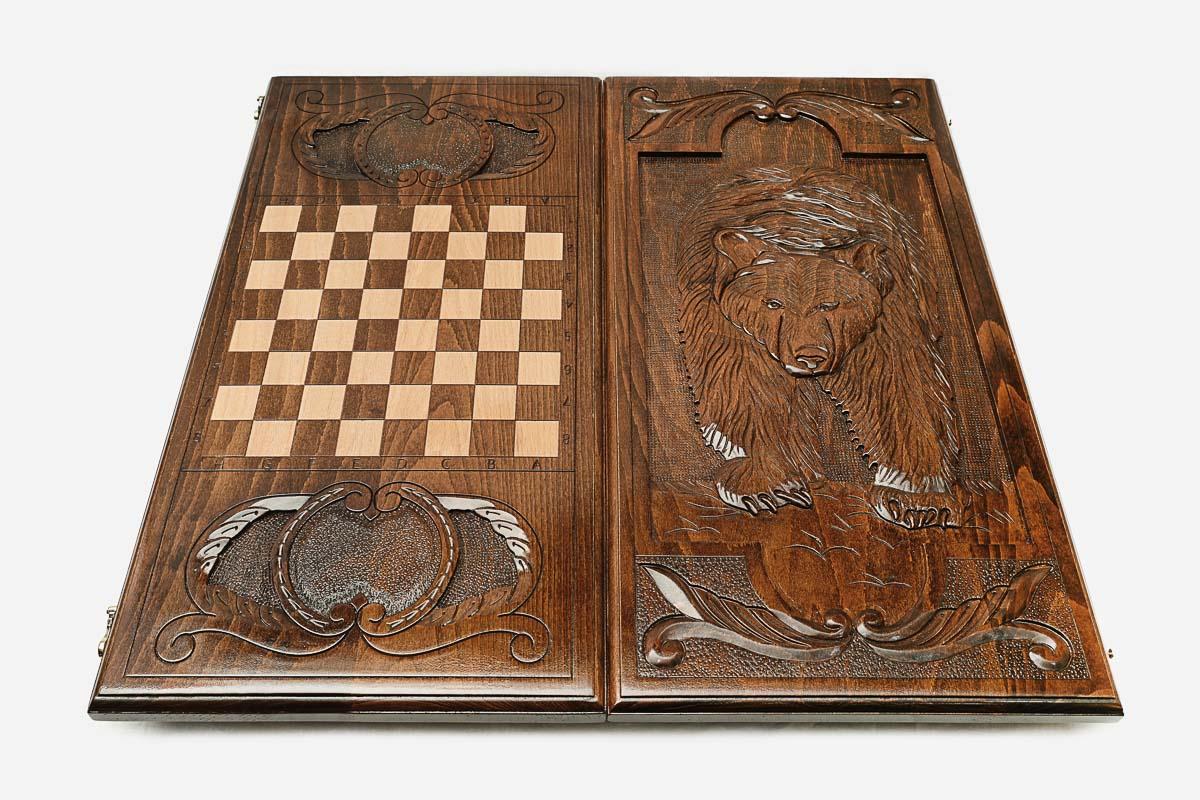 Wooden backgammon set interior with carved points