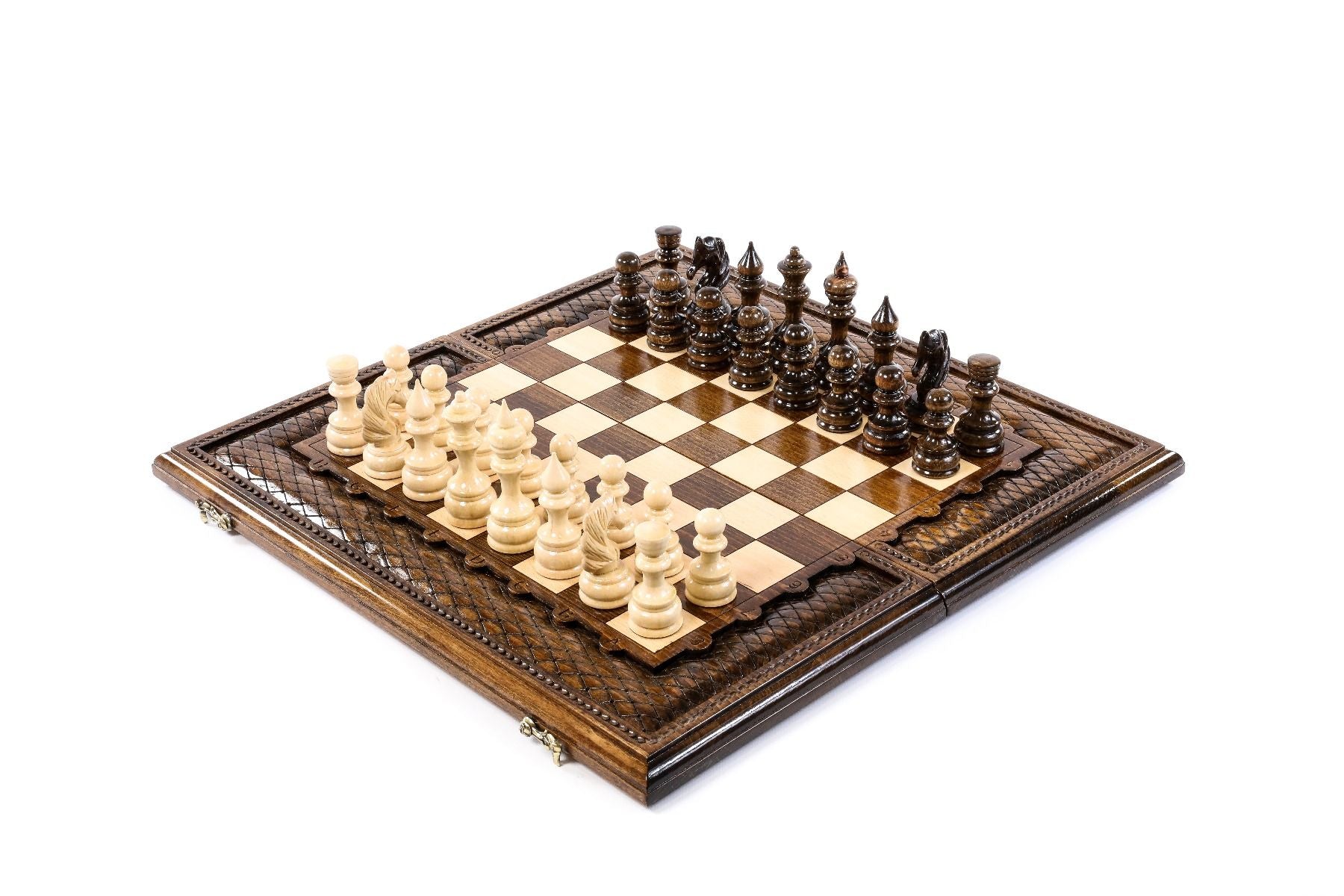 Carved Chess Set with Rhombus Design