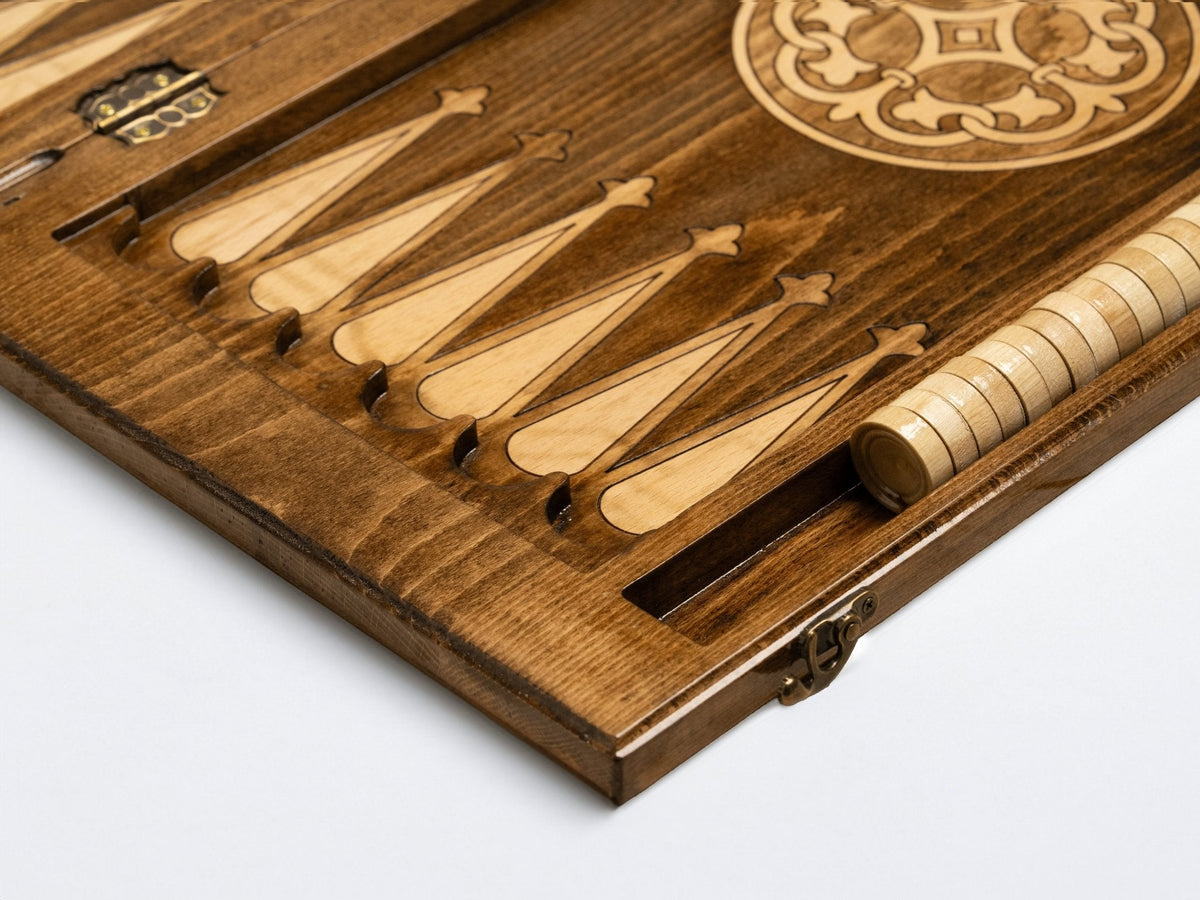 Detail of the carved points inside the backgammon board