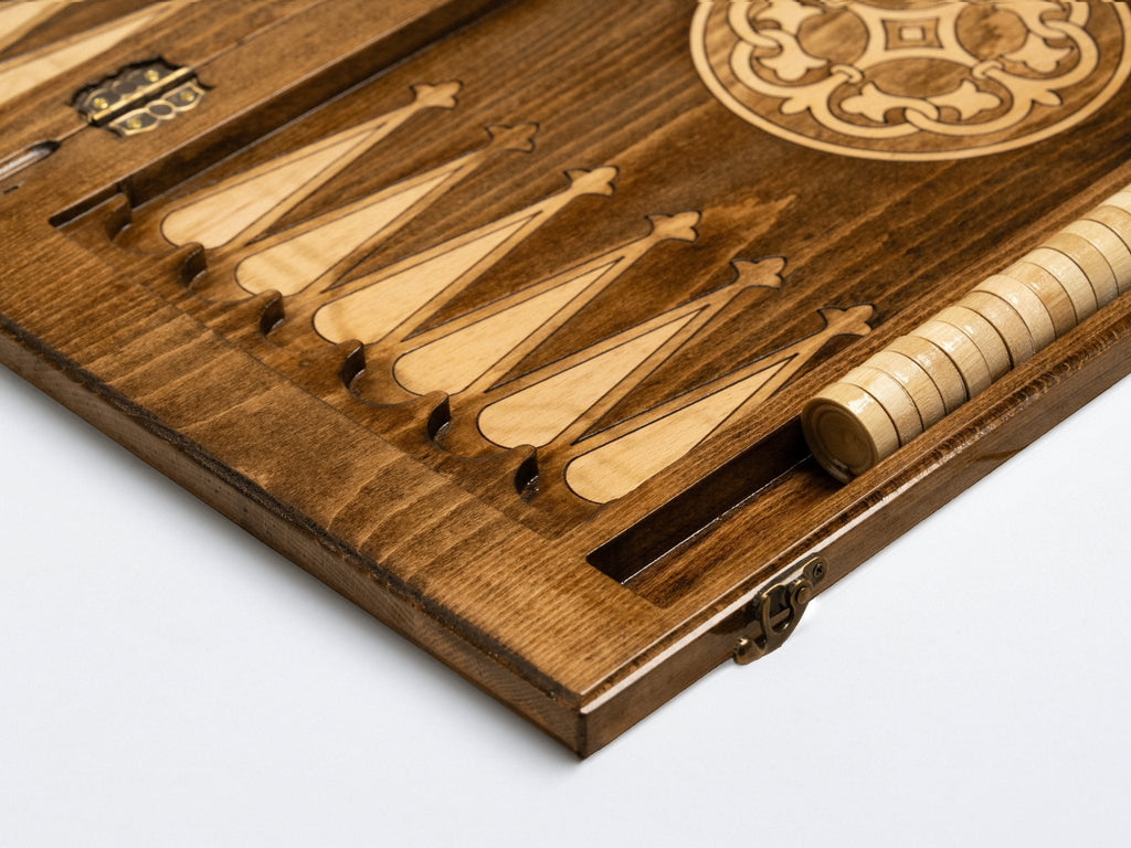 Detail of the carved points inside the backgammon board