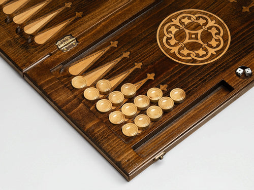 Handmade Armenian backgammon set shown open with playing pieces