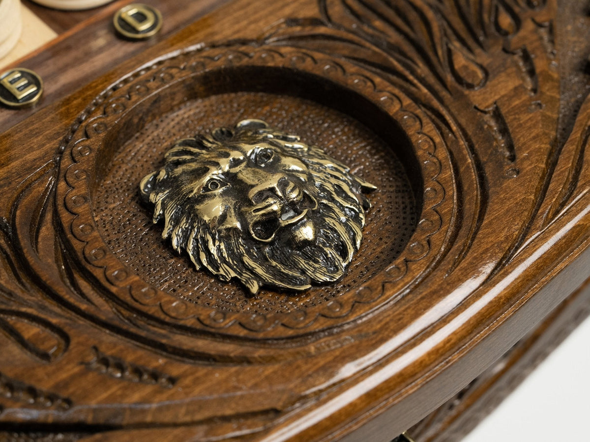 Angled view of the regal lion chess table
