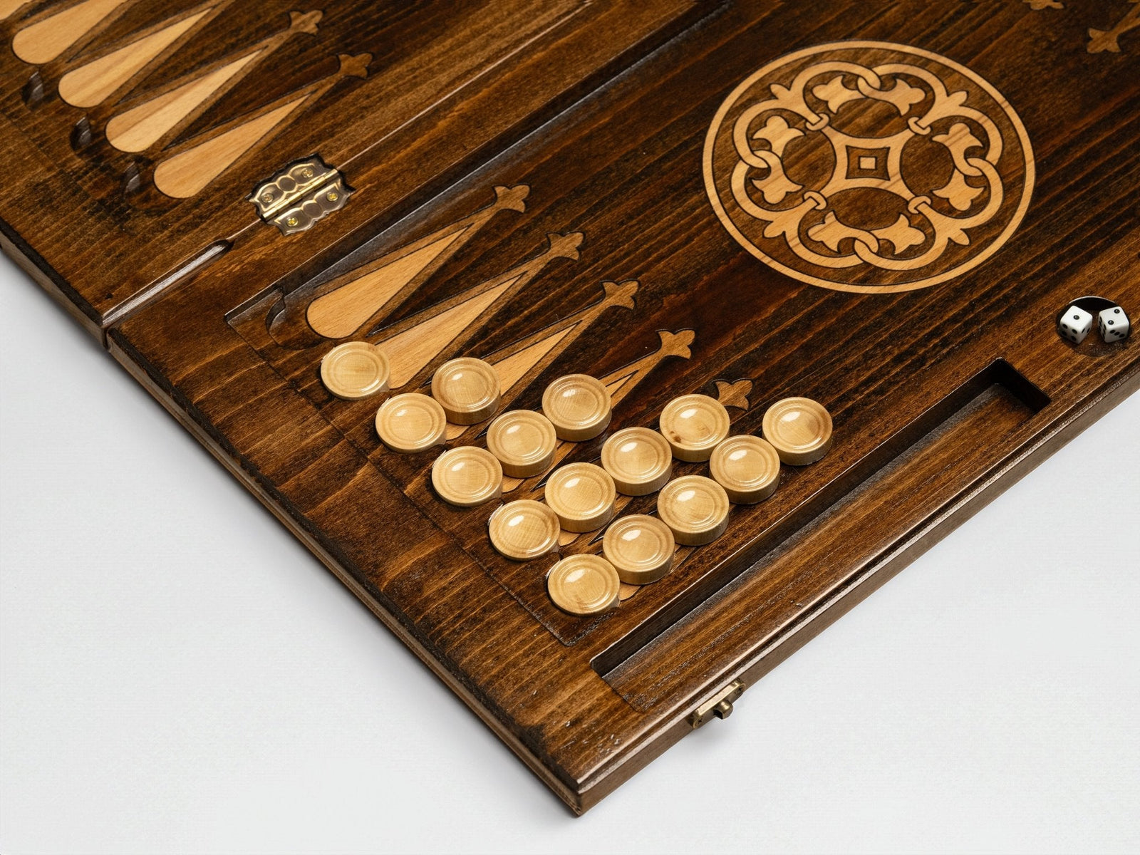 Handmade Armenian backgammon set shown open with playing pieces