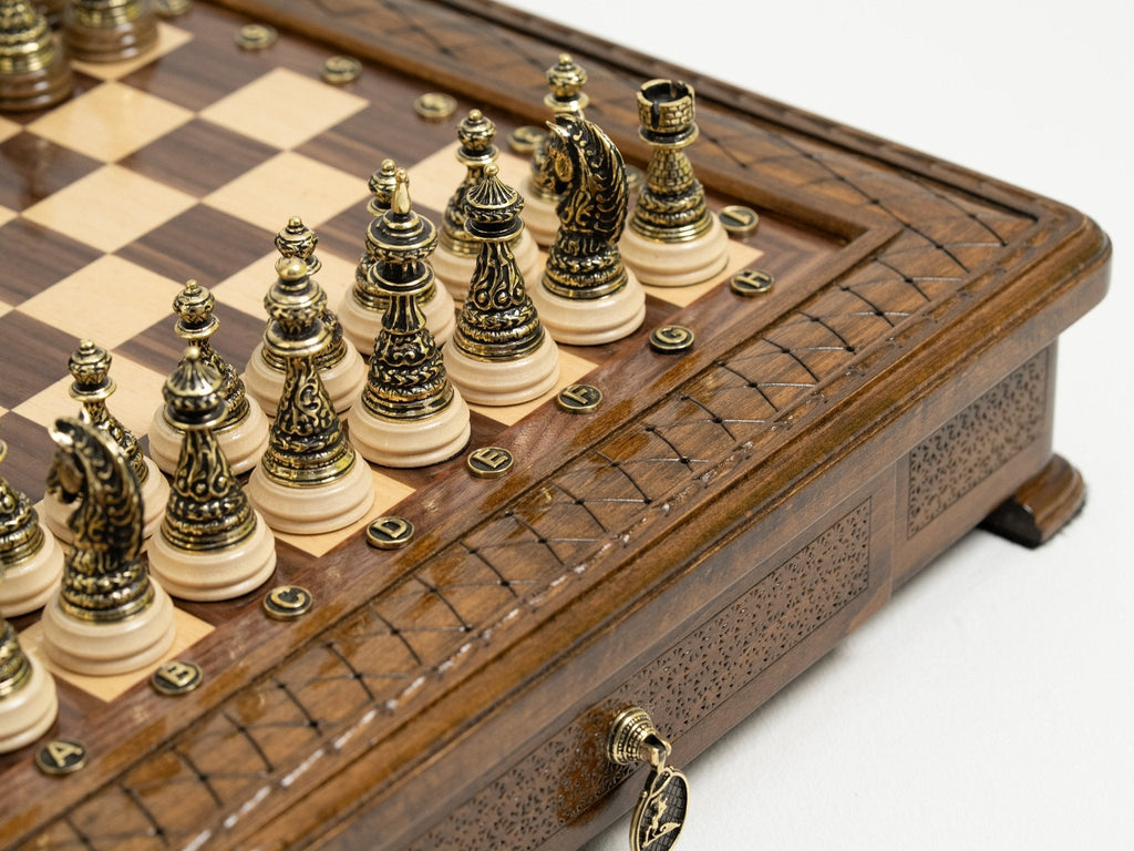 Handmade Chess Set with Storage & Bronze Pieces - Luxury Handcrafted Set