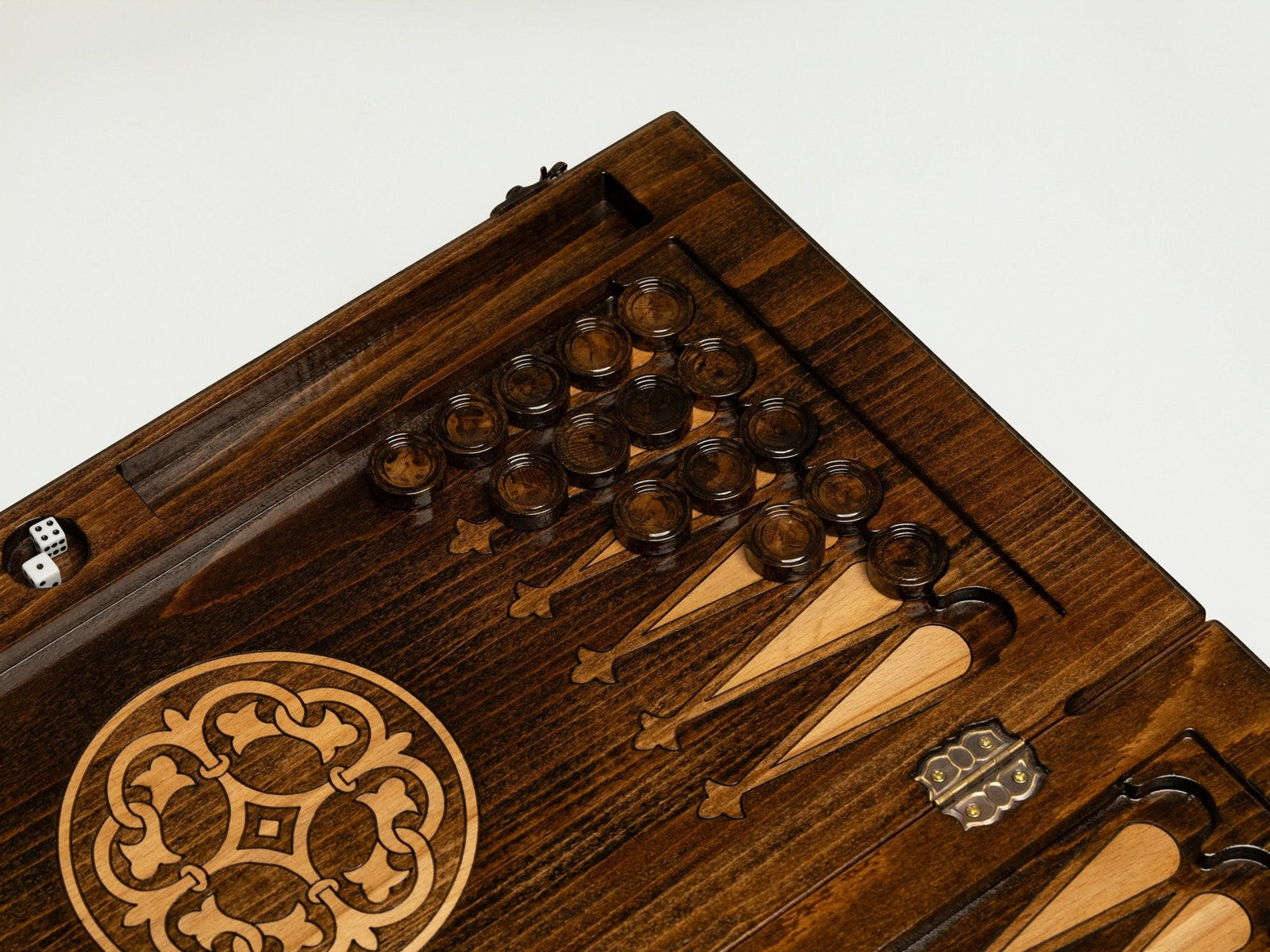 Close-up of the carved design on the Armenian backgammon board