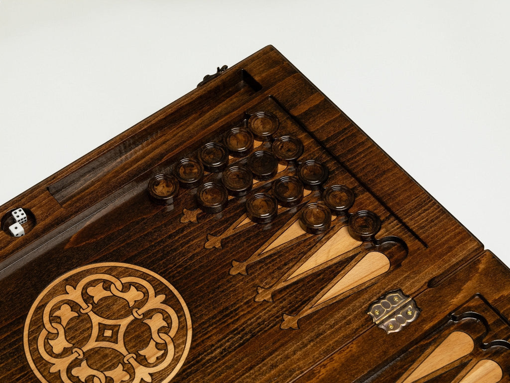 Close-up of the carved design on the Armenian backgammon board
