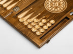 Wooden checkers and dice on the Armenian backgammon board