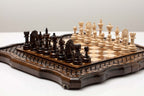 Handmade wooden chess set displayed open