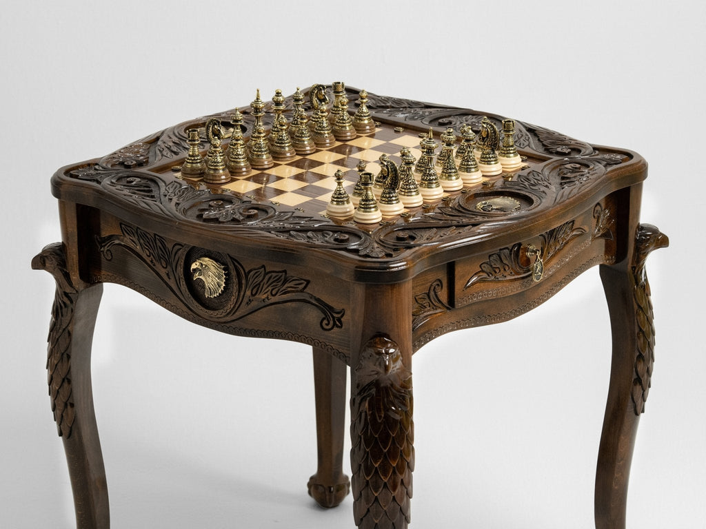 Angled view of the luxury eagle chess table