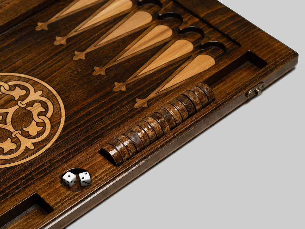 Armenian backgammon board closed, showing the carved cover
