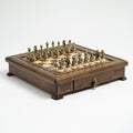 Handmade wooden chess set with integrated storage, open to show premium bronze chess pieces.
