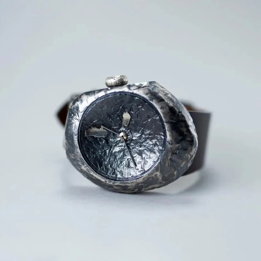 Handcrafted blackened sterling silver unisex watch with stone texture