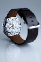 Handmade blackened silver wrist watch with leather strap