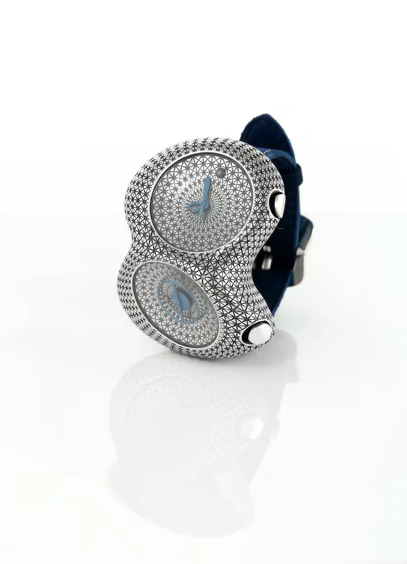 Handcrafted unisex silver watch with blue enamel hands