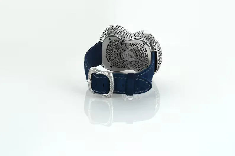 Blue enamel silver watch side view