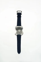 Leather strap silver watch with blue enamel dial