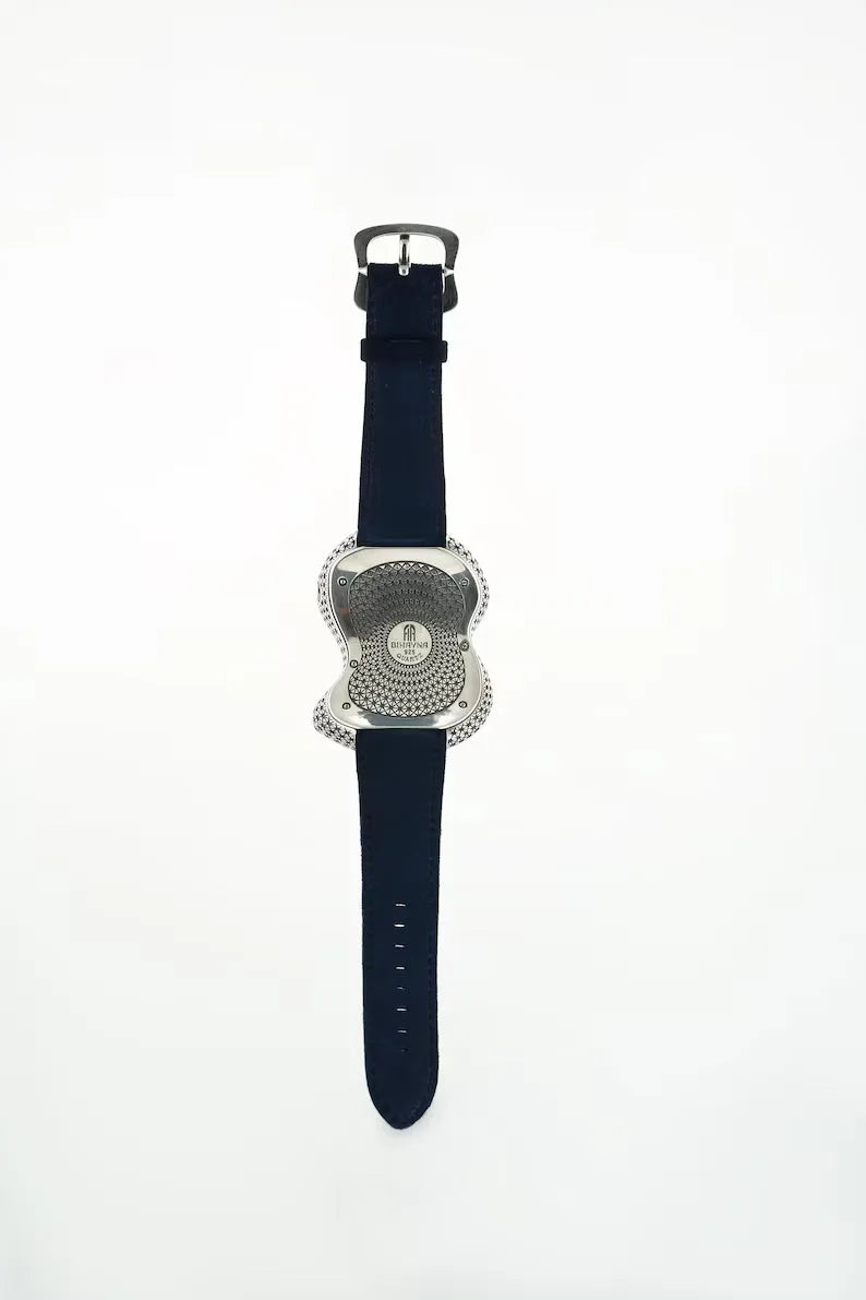Leather strap silver watch with blue enamel dial