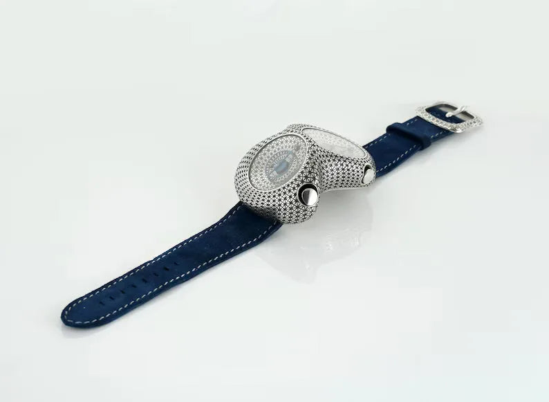 Handmade blue enamel guilloche silver watch