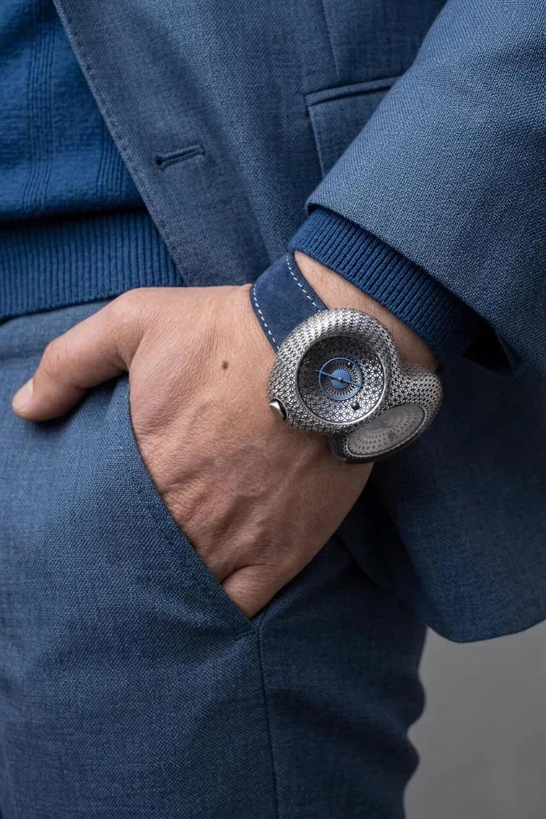 Blue enamel guilloche sterling silver watch detail