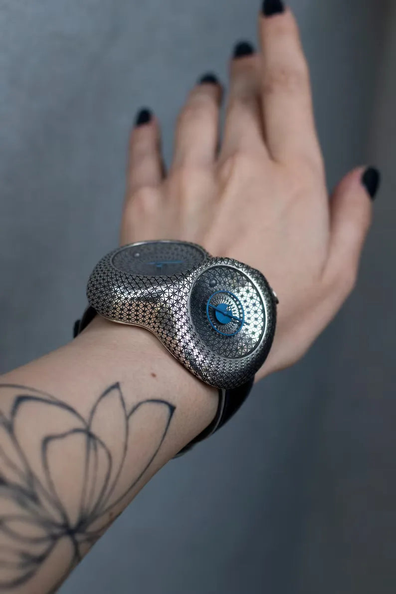 Handmade blue enamel silver watch close-up