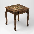 Carved wooden chess table with solid bronze chess pieces