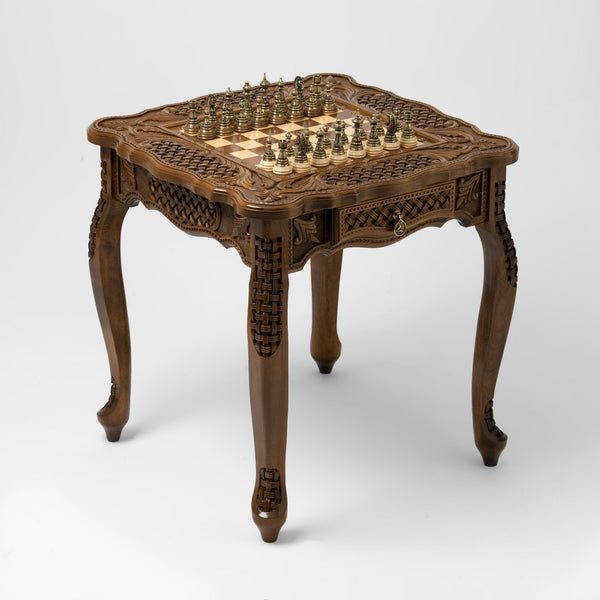 Carved wooden chess table with solid bronze chess pieces