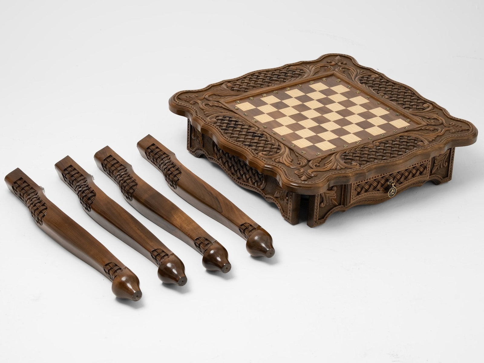 Side view of the premium wooden chess table with bronze pieces