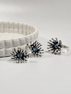 Dandelion sterling silver jewelry set with blue gemstone – statement ring and lever-back earrings
