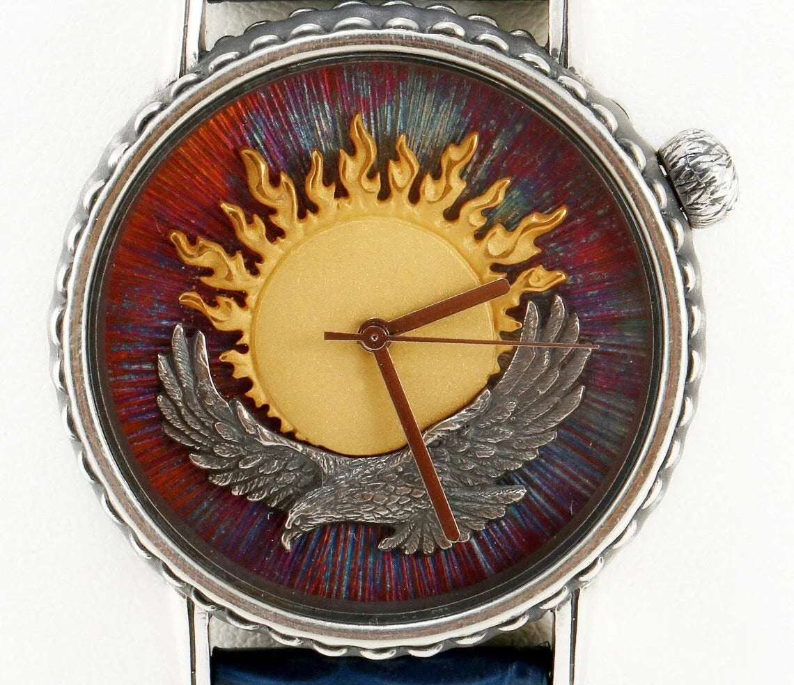 Handmade sterling silver eagle and sun men's wrist watch