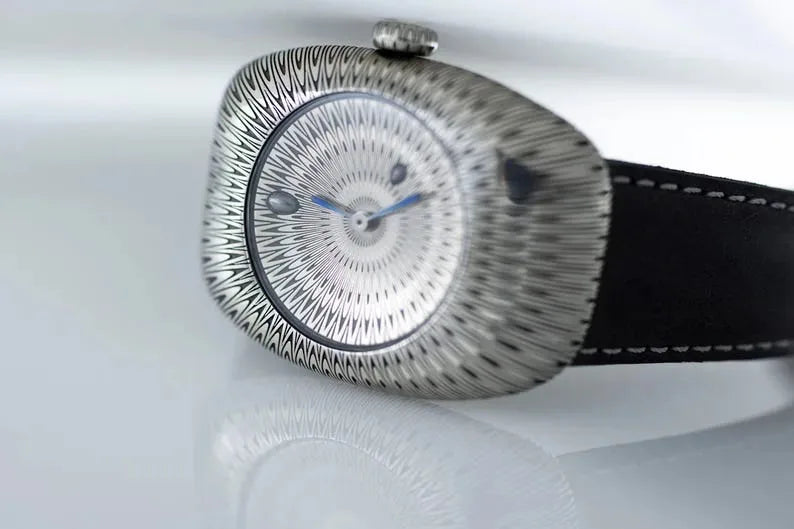 Handcrafted 925 sterling silver guilloché wrist watch with leather strap
