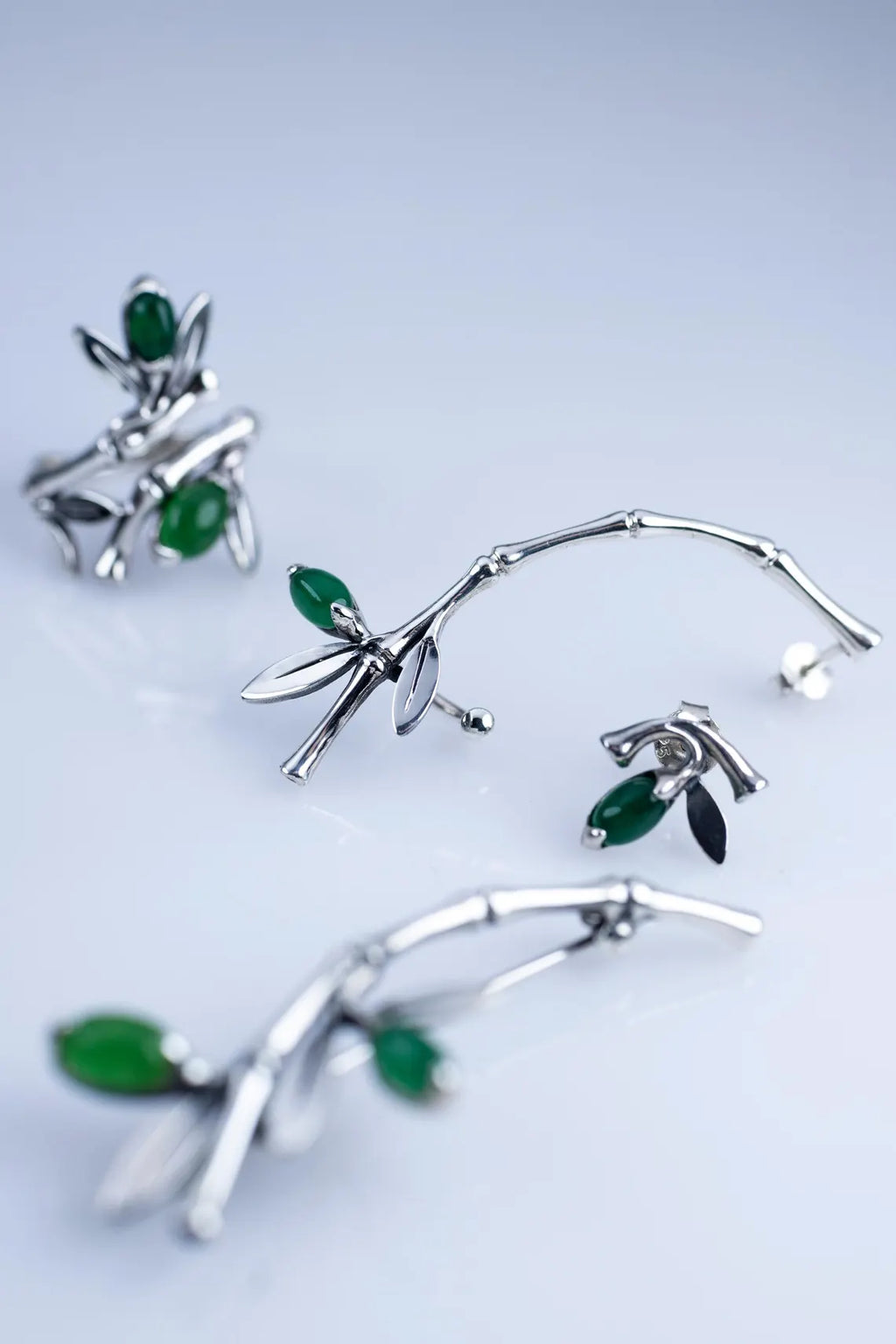 Handcrafted Sterling Silver Bamboo Ear Climber with Green Stone – Nature Inspired Ear Cuff