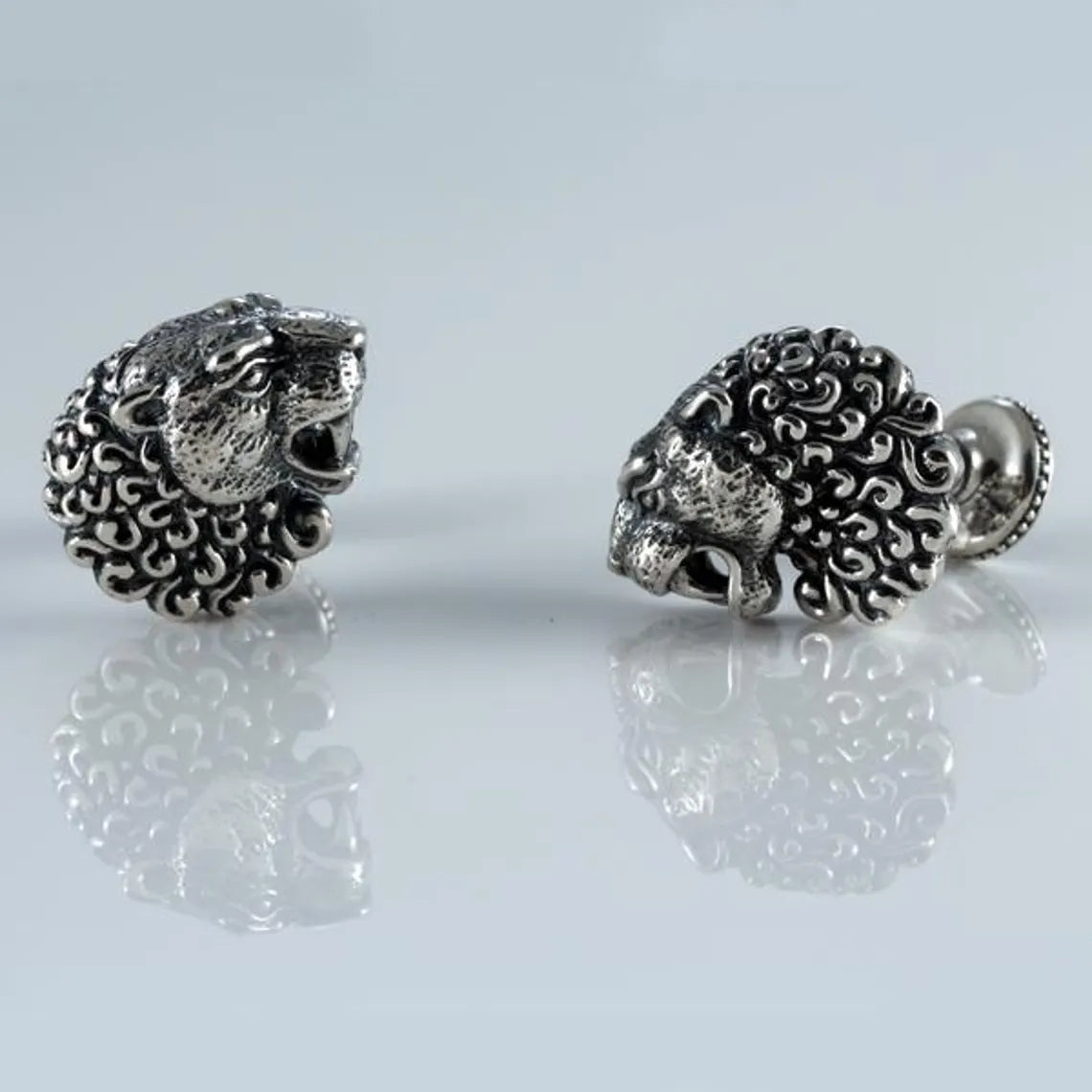 Handmade sterling silver lion head cufflinks