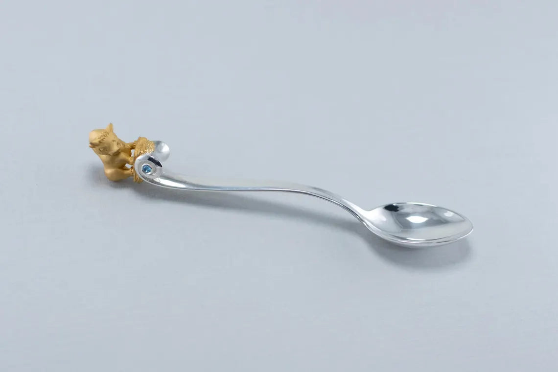 Handcrafted sterling silver Taurus baby spoon with bull figurine